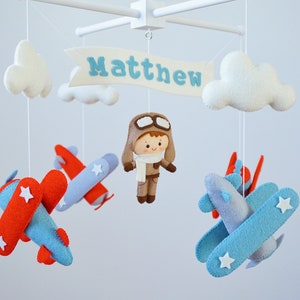 Personalized Airplane baby mobile Vintage planes hanging above crib Travel nursery decor Pilot baby shower gift Adventure cot mobile for boy image 7