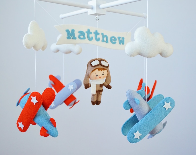 Personalized Airplane baby mobile Vintage planes hanging above crib Travel nursery decor Pilot baby shower gift Adventure cot mobile for boy image 7