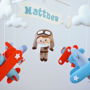 Personalized Airplane baby mobile Vintage planes hanging above crib Travel nursery decor Pilot baby shower gift Adventure cot mobile for boy image 3