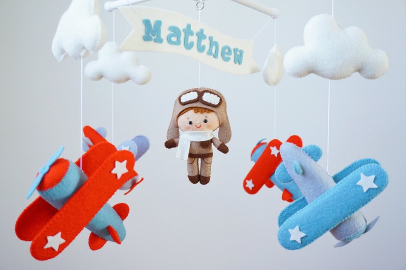 Personalized Airplane baby mobile Vintage planes hanging above crib Travel nursery decor Pilot baby shower gift Adventure cot mobile for boy image 3