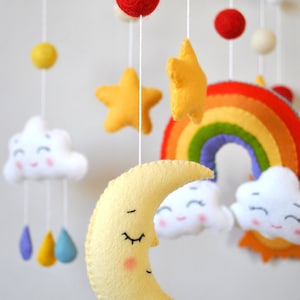 Personalized Rainbow baby mobile Sunshine nursery decor Colorful cot mobile gender neutral Clouds hanging above crib Sky baby shower gift image 7
