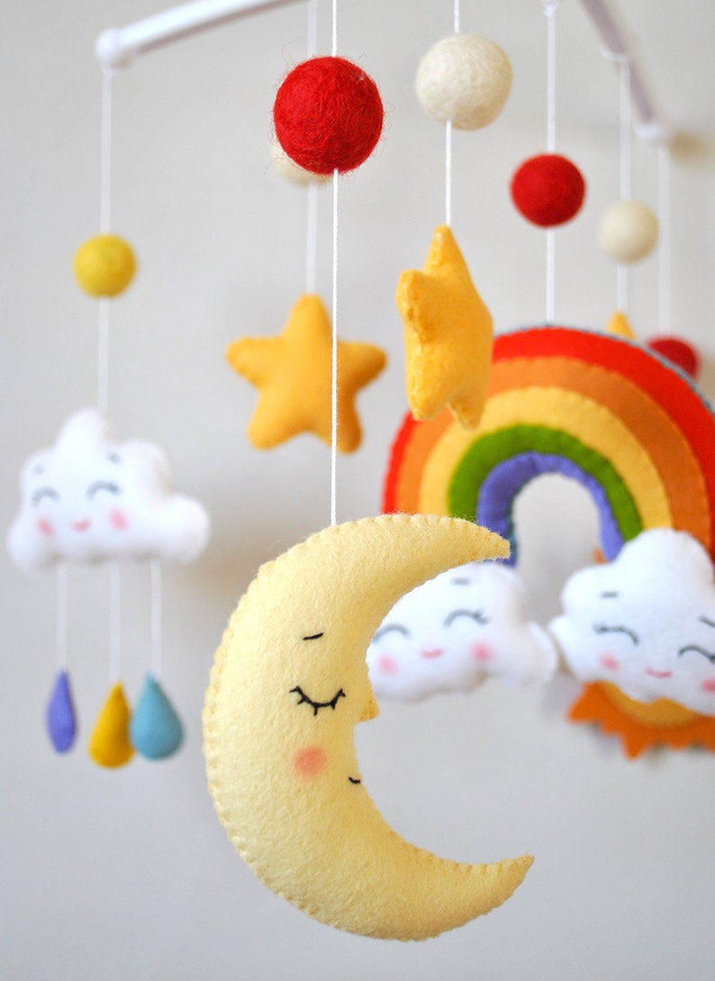 Personalized Rainbow baby mobile Sunshine nursery decor Colorful cot mobile gender neutral Clouds hanging above crib Sky baby shower gift image 7