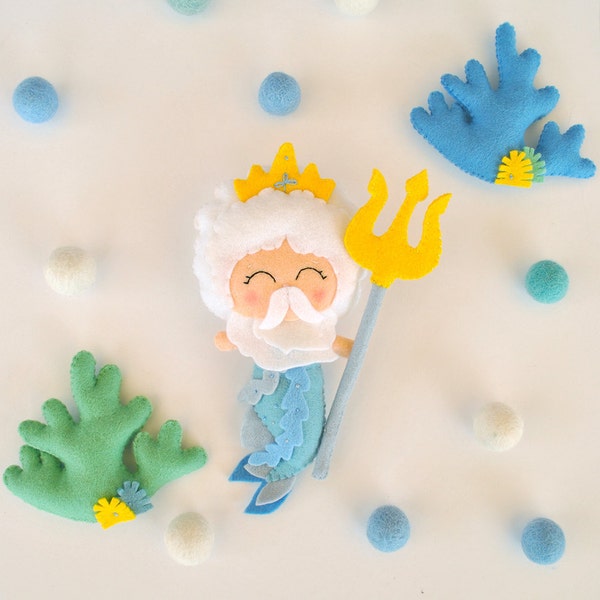 Poseidon felt doll Neptune Sea creature Doll for baby mobile Nautical baby shower Baby gift Mermaid doll 100% wool felt