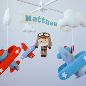 Personalized Airplane baby mobile Vintage planes hanging above crib Travel nursery decor Pilot baby shower gift Adventure cot mobile for boy image 10