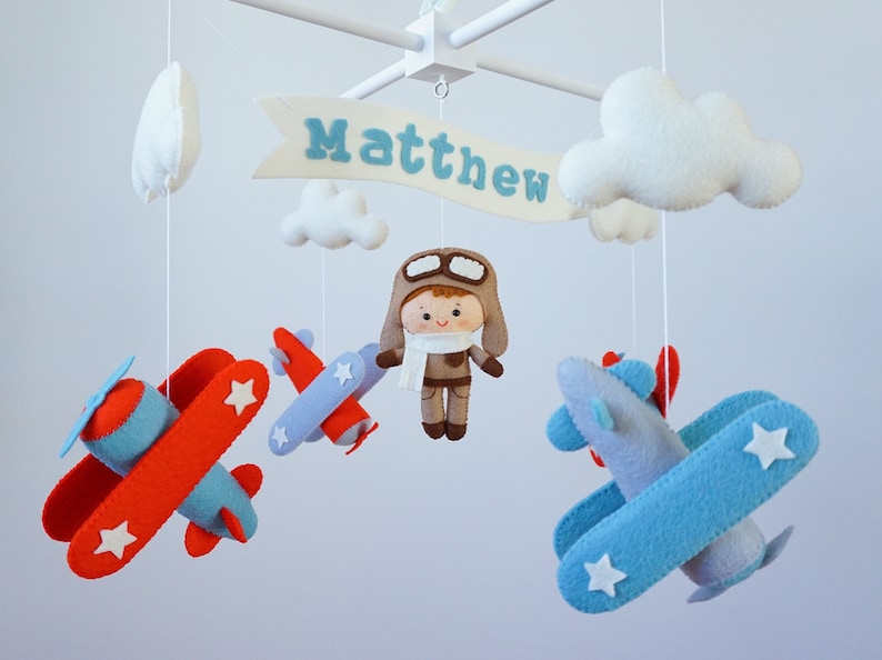 Personalized Airplane baby mobile Vintage planes hanging above crib Travel nursery decor Pilot baby shower gift Adventure cot mobile for boy image 10