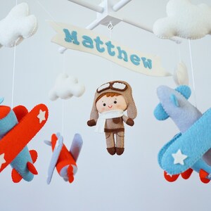 Personalized Airplane baby mobile Vintage planes hanging above crib Travel nursery decor Pilot baby shower gift Adventure cot mobile for boy image 6