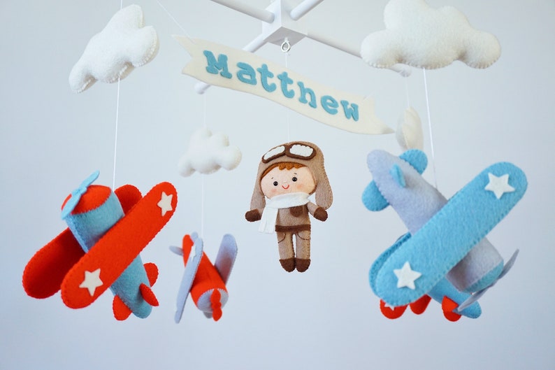 Personalized Airplane baby mobile Vintage planes hanging above crib Travel nursery decor Pilot baby shower gift Adventure cot mobile for boy image 6