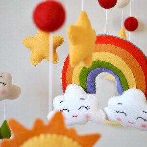 Personalized Rainbow baby mobile Sunshine nursery decor Colorful cot mobile gender neutral Clouds hanging above crib Sky baby shower gift image 6