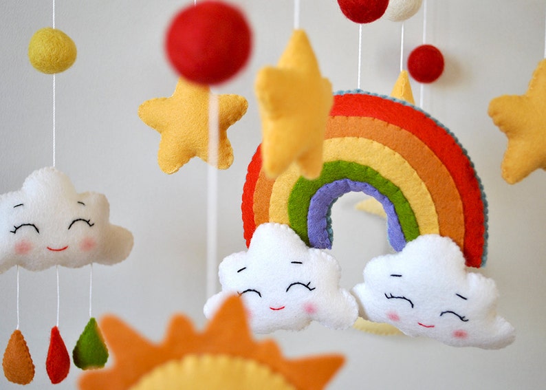 Personalized Rainbow baby mobile Sunshine nursery decor Colorful cot mobile gender neutral Clouds hanging above crib Sky baby shower gift image 6