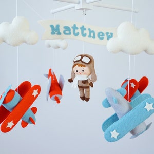 Personalized Airplane baby mobile Vintage planes hanging above crib Travel nursery decor Pilot baby shower gift Adventure cot mobile for boy image 5