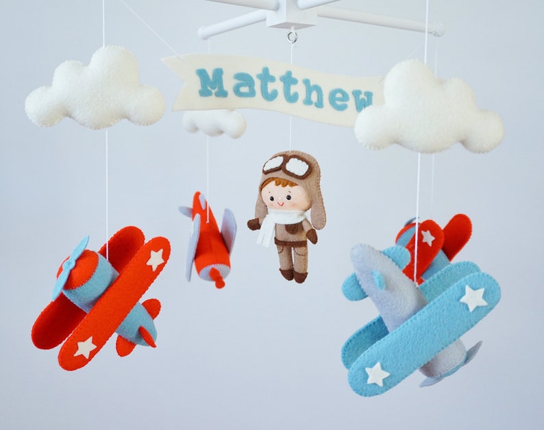 Personalized Airplane baby mobile Vintage planes hanging above crib Travel nursery decor Pilot baby shower gift Adventure cot mobile for boy image 5