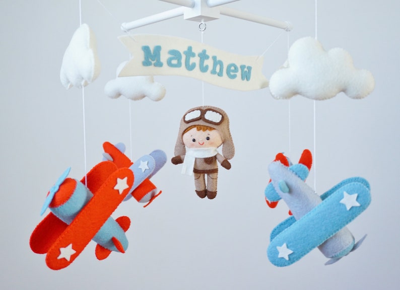 Personalized Airplane baby mobile Vintage planes hanging above crib Travel nursery decor Pilot baby shower gift Adventure cot mobile for boy image 9