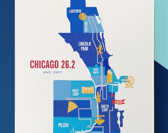 May include: A blue and white map of Chicago with a running route highlighted in yellow. The map shows different neighborhoods of Chicago, including Lakeview, Lincoln Park, West Loop, South Loop, and Pilsen. The text "CHICAGO 26.2 EST. 1977" is at the top of the map.