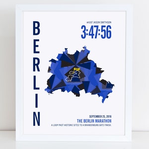 May include: A blue and black geometric map of Berlin, Germany, with the text "BERLIN" in large white letters on the left side. The text "#6187 JASON SMITHSON" and "3:47:56" are in the top right corner. The text "SEPTEMBER 25, 2016 THE BERLIN MARATHON A LOOP PAST HISTORIC SITES TO A BRANDENBURG GATE FINISH" is at the bottom.