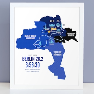 May include: A blue and black map of Berlin, Germany, with a running route highlighted in white. The map shows the different districts of the city, including Mitte, Tempelhof-Schöneberg, and Friedrichshain-Kreuzberg. The text "EST. 1974 BERLIN 26.2 3:58:30 #BIB RUNNER'S NAME 16 SEPTEMBER 2018" is printed below the map.
