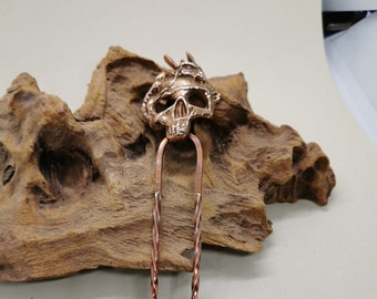 Solid Bronze & Copper Dragon Skull Hair Pin Fork Slide Bun Holder Comb Hair Stick Kanzashi Hand Forged and Sand Cast weighs 31 grams