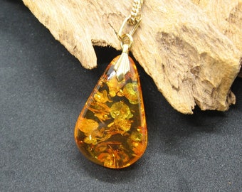 Vintage Natural Clarified Baltic Amber pendant and Gold Plated Base Metal Chain