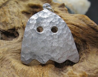 Handmade Sand Cast Pewter Pacman Ghost Statement Pendant. Hand Textured Hammered Finish made with recycled Pewter