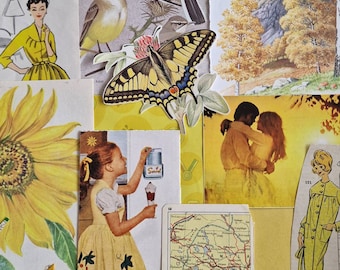 May include: A collage of vintage images featuring a yellow butterfly, a map of a lake region, a couple embracing, a girl in a yellow dress, and a woman in a yellow dress. The collage is on a yellow background.