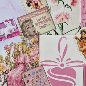 May include: A collage of images featuring a pink fairy with wings, a pink heart with a bow, a vintage illustration of a woman with the text "Good Morning! Let the Stress begin...", a vintage illustration of a woman on a scooter with the text "Belisimo", and a vintage illustration of a woman with a cat.