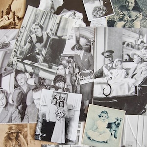 Peut inclure: Un collage de photographies vintage en noir et blanc. Les images représentent diverses scènes, notamment des couples s'embrassant, des portraits de mariage et des personnes en tenue de soirée. Certaines photos présentent des individus avec des chiens et d'autres montrent des rassemblements de groupe.