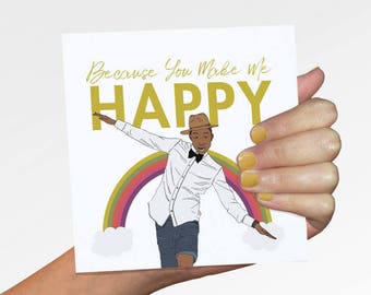 Carte Happy Pharrell Williams, Création Originale, Fait Main, De Voeux, Amour, Drôle, Culture Pop, Hip Hop, Mignonne, Pour Elle, Pour Lui