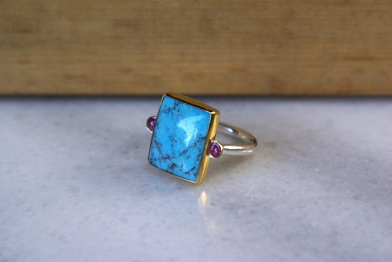 Women Jewelry Greek Jewelry Handmade Gift for her Genuine Turquoise Ring Rectangle 3 Stone Ring 925 Sterling Silver 18k Gold Bezel