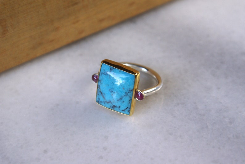 Women Jewelry Greek Jewelry Handmade Gift for her Genuine Turquoise Ring Rectangle 3 Stone Ring 925 Sterling Silver 18k Gold Bezel