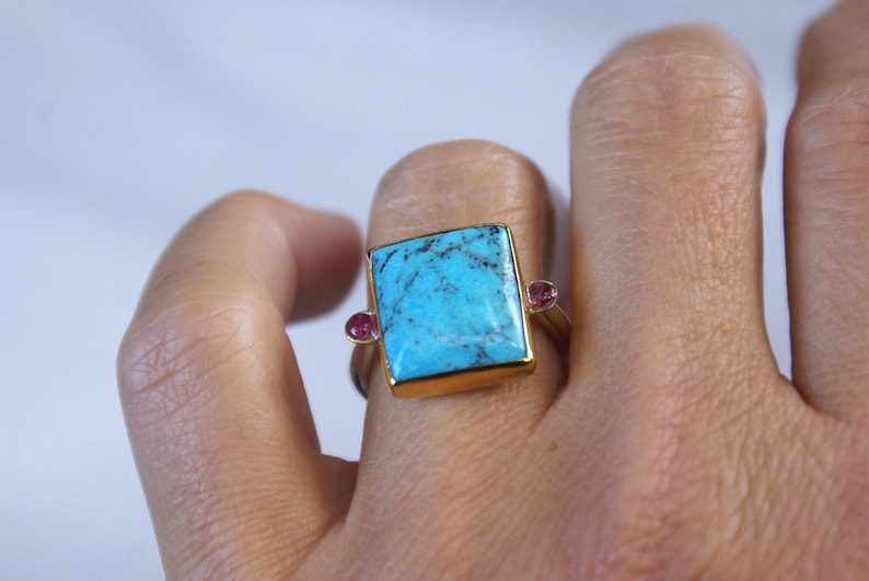 Women Jewelry Greek Jewelry Handmade Gift for her Genuine Turquoise Ring Rectangle 3 Stone Ring 925 Sterling Silver 18k Gold Bezel