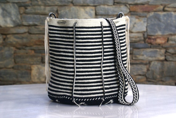 Black and White Crochet Crossbody Bag Striped Wayuu Cotton | Etsy
