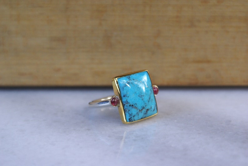 Women Jewelry Greek Jewelry Handmade Gift for her Genuine Turquoise Ring Rectangle 3 Stone Ring 925 Sterling Silver 18k Gold Bezel