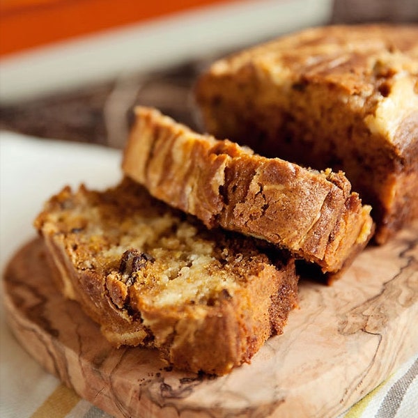 Pumpkin Bread with Orange Cream Cheese Swirl and Pecan Streusel topping