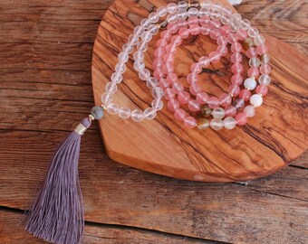 108 Mala Tourmaline Watermelon Quartz, Smoky Quartz, Clear Quartz,  Labradorite Mala Beads, Long Tassel Mala.