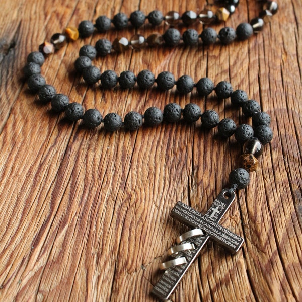 108 Mens Cross Mala Necklace Steel Cross Rosary Beaded Necklace Mala Beads 108 Christian Jewelry Meditation Protection Necklace Spiritual