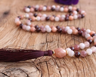 108 Mala Moonstone Raspberry Quartz Lace Agate Garnet  Handmade Boho Tassel Necklace. Handmade Yoga Sacred Jewelry. Yoga gift for her.