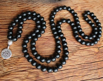 108 Black Onyx Lotus Necklace  Matte Prayer beads, Yoga mala Buddhist mala Japa Mala Necklace, Protection Mala for Men and Women