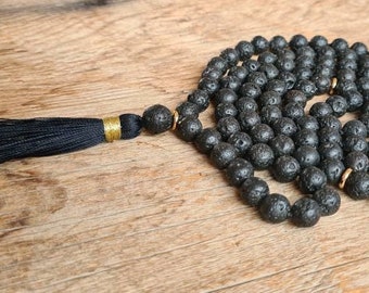 108 Mala Black Lava Stone, Yoga Spiritual Necklace,  Bohemian Long Tassel Necklace, Grounding Mala, Spiritual Jewelry