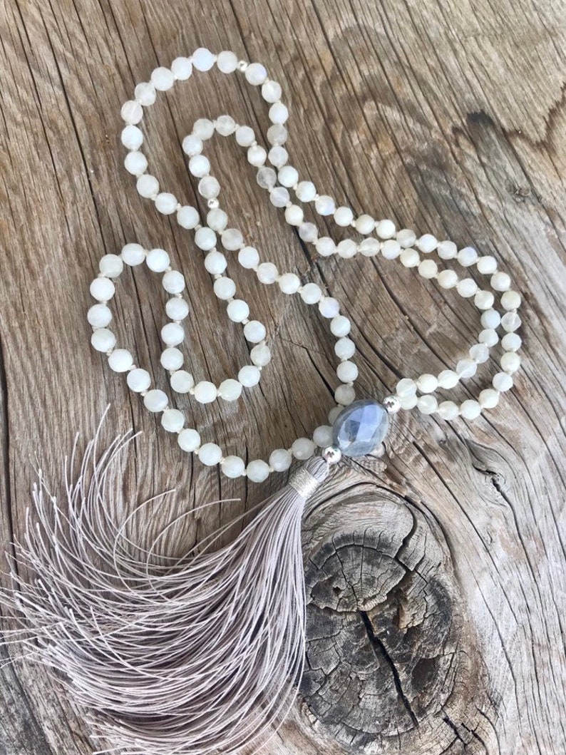 A grade flashy Labradorite guru bead,Mala Necklace 108 White faceted 6 mm Moonstone Vegan mala. Handmade Tassel