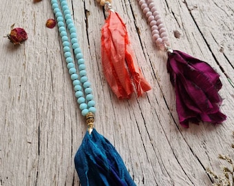 Boho Sari Silk- Long Tassel Necklaces. Hand-knotted  108 beads Boho Yoga Mala.