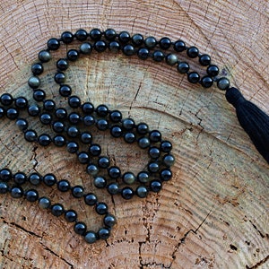 108 Black Silver Sheen Obsidian Mala, Top quality beads, Royal Obsidian , Cotton Tassel. Vegan Unisex Mala. image 2