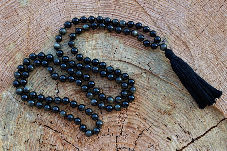 108 Black Silver Sheen Obsidian Mala, Top quality beads, Royal Obsidian , Cotton Tassel. Vegan Unisex Mala. image 2