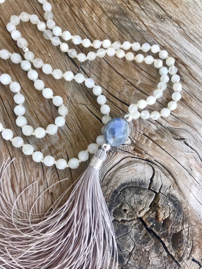A grade flashy Labradorite guru bead,Mala Necklace 108 White faceted 6 mm Moonstone Vegan mala. Handmade Tassel