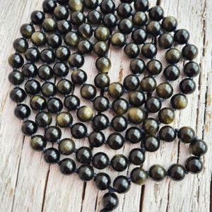 108 Black Silver Sheen Obsidian Mala, Top quality beads, Royal Obsidian , Cotton Tassel. Vegan Unisex Mala. image 4