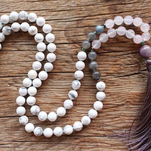 108 Mala Howlite Rose Quartz, Labradorite Amethyst Hematite Yoga Mala. Bohemian Long Tassel Necklace. Vegan Mala Yoga gift for her.