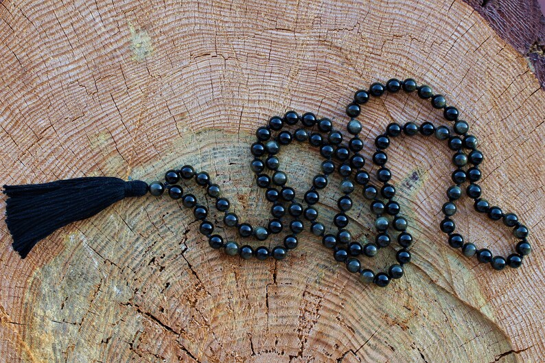 108 Black Silver Sheen Obsidian Mala, Top quality beads, Royal Obsidian , Cotton Tassel. Vegan Unisex Mala. image 6