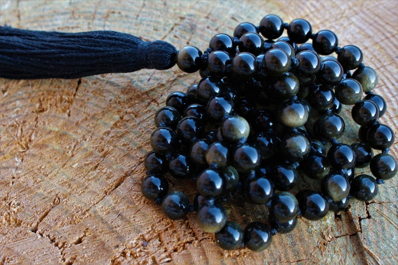 108 Black Silver Sheen Obsidian Mala, Top quality beads, Royal Obsidian , Cotton Tassel. Vegan Unisex Mala. image 7