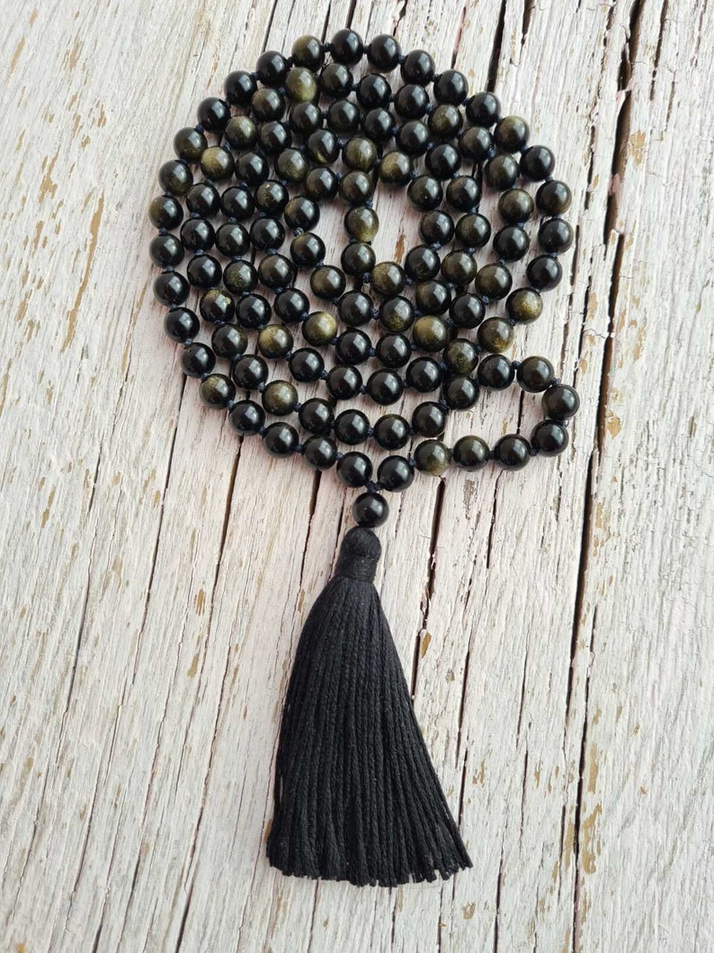 108 Black Silver Sheen Obsidian Mala, Top quality beads, Royal Obsidian , Cotton Tassel. Vegan Unisex Mala. image 3