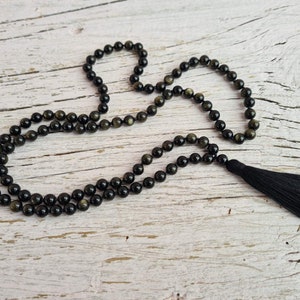 108 Black Silver Sheen Obsidian Mala, Top quality beads, Royal Obsidian , Cotton Tassel. Vegan Unisex Mala. image 10