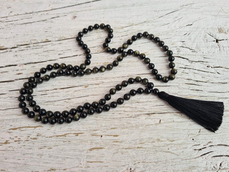 108 Black Silver Sheen Obsidian Mala, Top quality beads, Royal Obsidian , Cotton Tassel. Vegan Unisex Mala. image 10