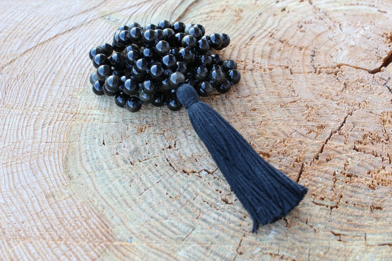 108 Black Silver Sheen Obsidian Mala, Top quality beads, Royal Obsidian , Cotton Tassel. Vegan Unisex Mala. image 1